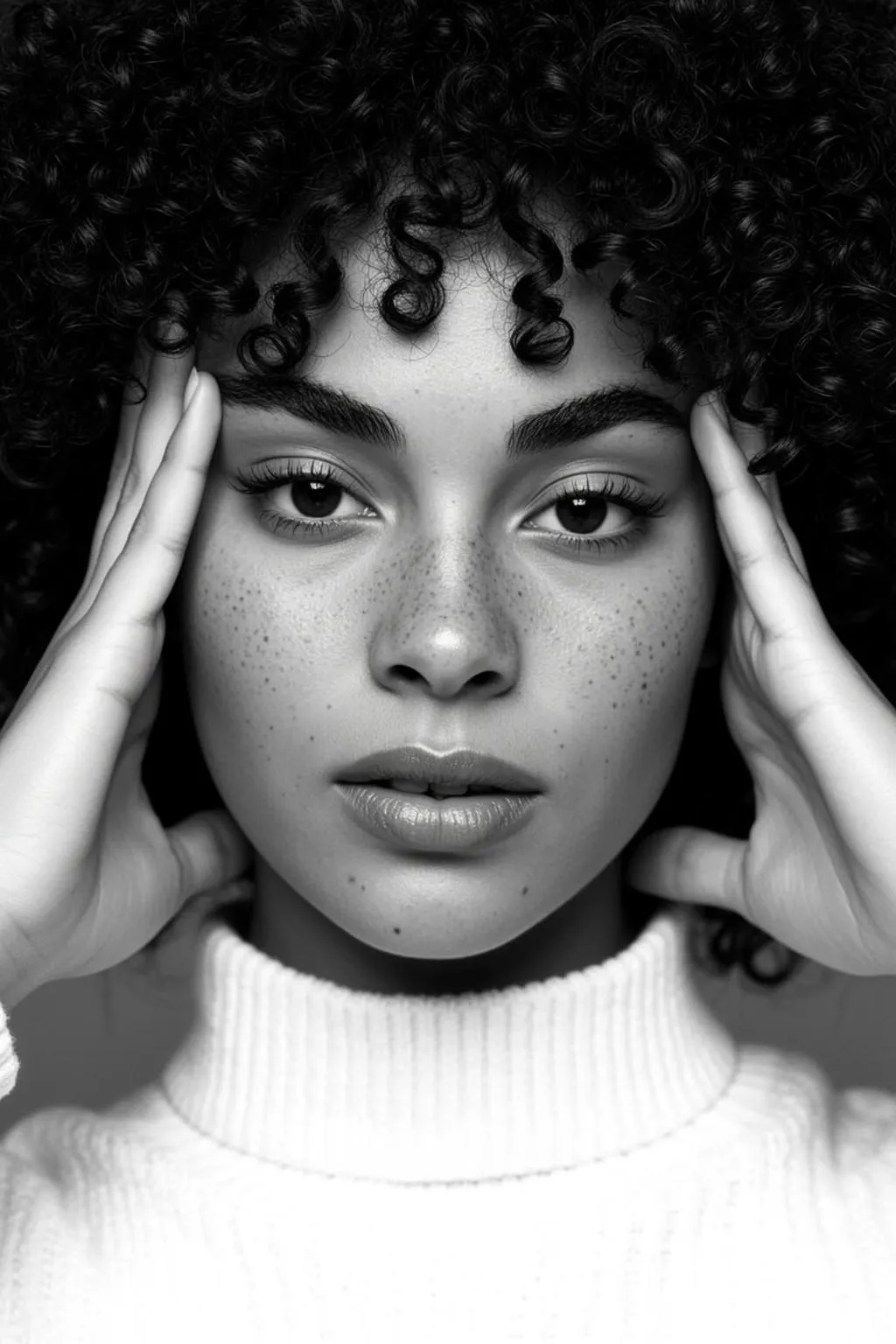 Photorealistic Black And White Close-up Portrait Young Woman With Contemplative