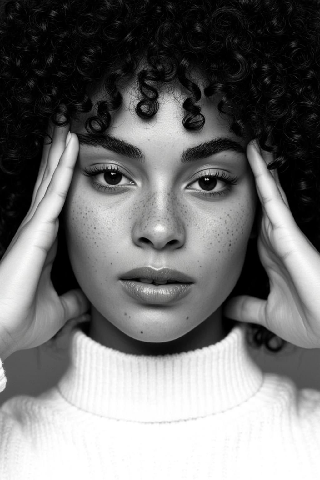 Photorealistic Black And White Close-up Portrait Young Woman With Contemplative