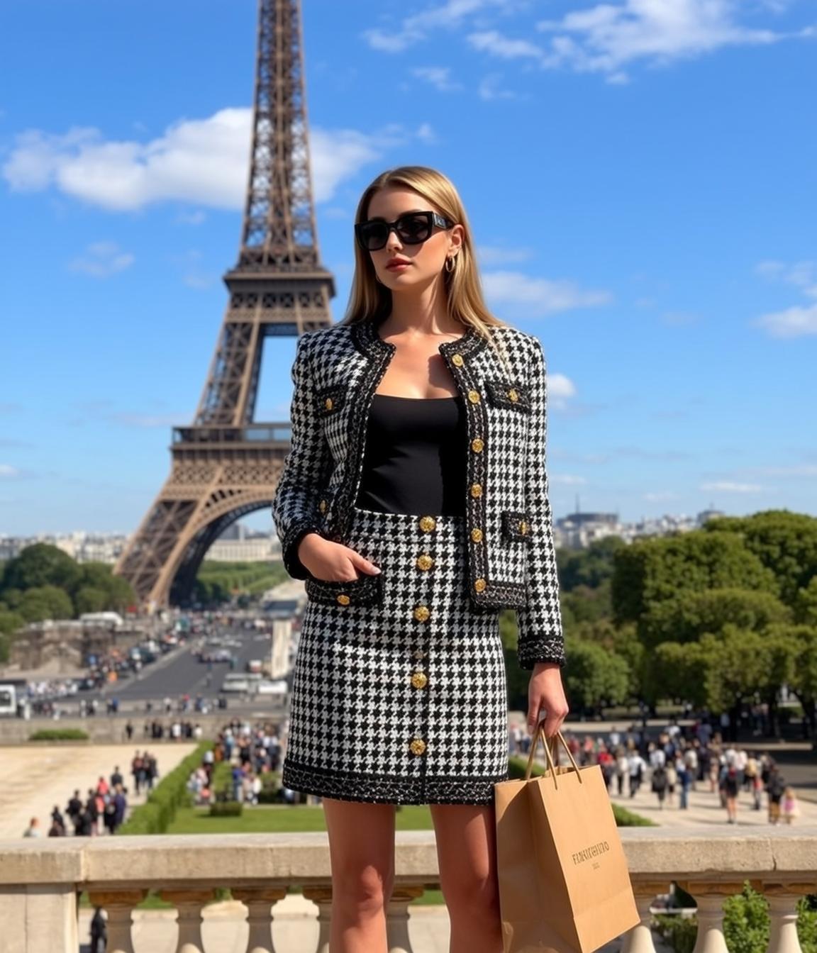 Paris Woman Blonde In Houndstooth Outfit With Eiffel Tower