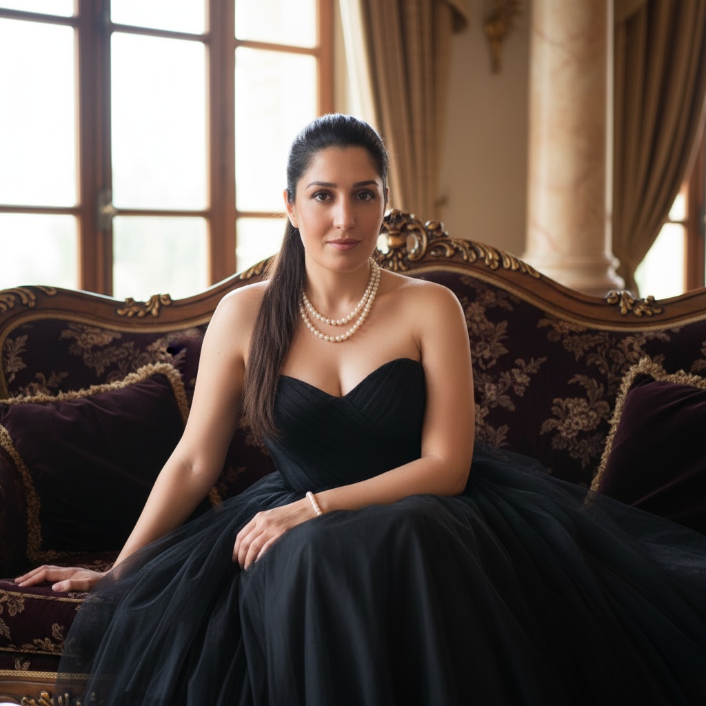 Sophisticated woman adorned with a pearl necklace, posed elegantly on a luxurious couch in a beautifully decorated room.