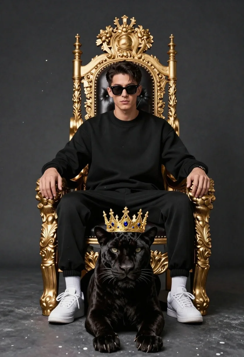 Cinematic Portrait Young Man Seated Ornate Golden Throne Beside Crowned reference photo