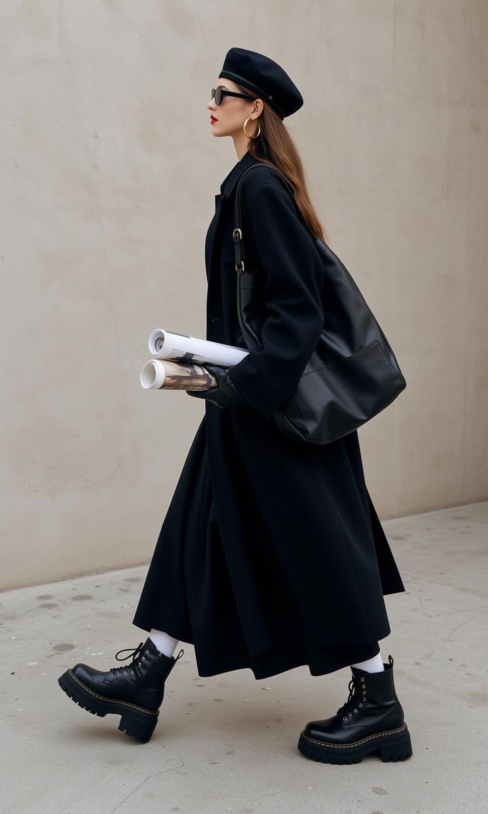 Black Gloves Black Coat Outdoor Urban Setting Concrete Sidewalk
