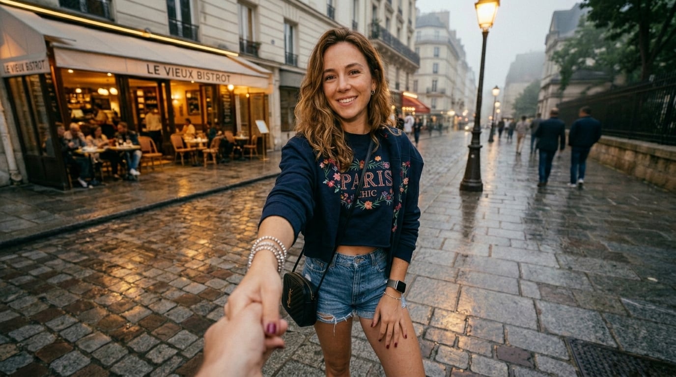 Parisian Street Woman Floral Sweatshirt Denim Shorts