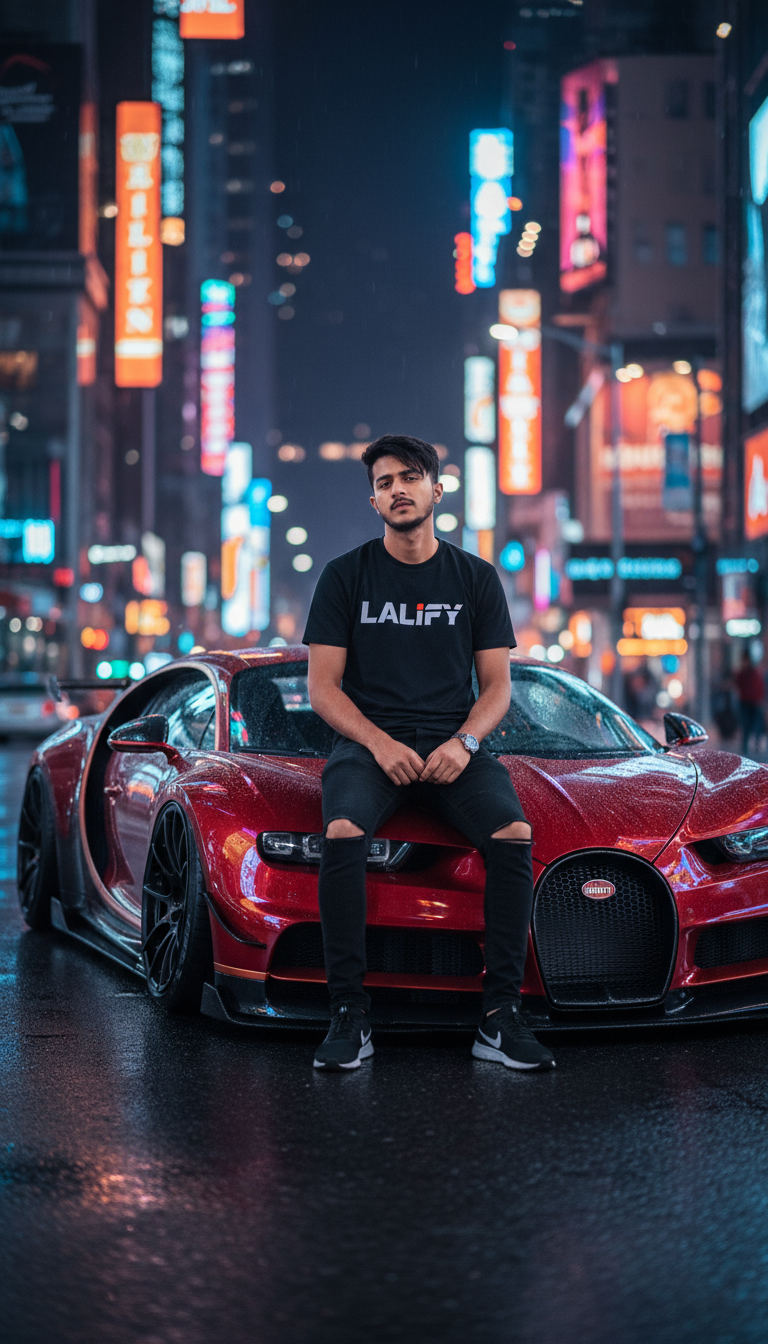 A man in a black t-shirt and ripped jeans casually sitting on a red Bugatti Chiron, nighttime city backdrop.