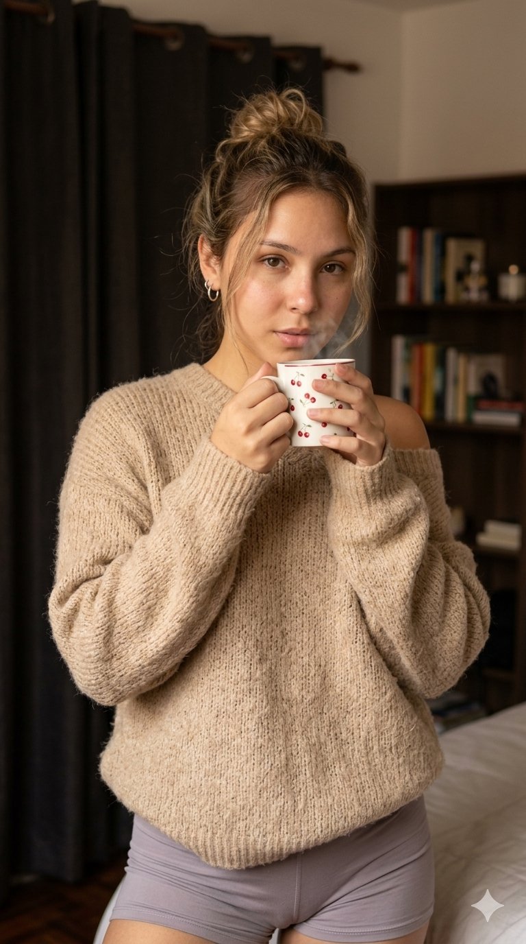 Cozy Knit Sweater Woman With Cherry Mug Bookshelf Background