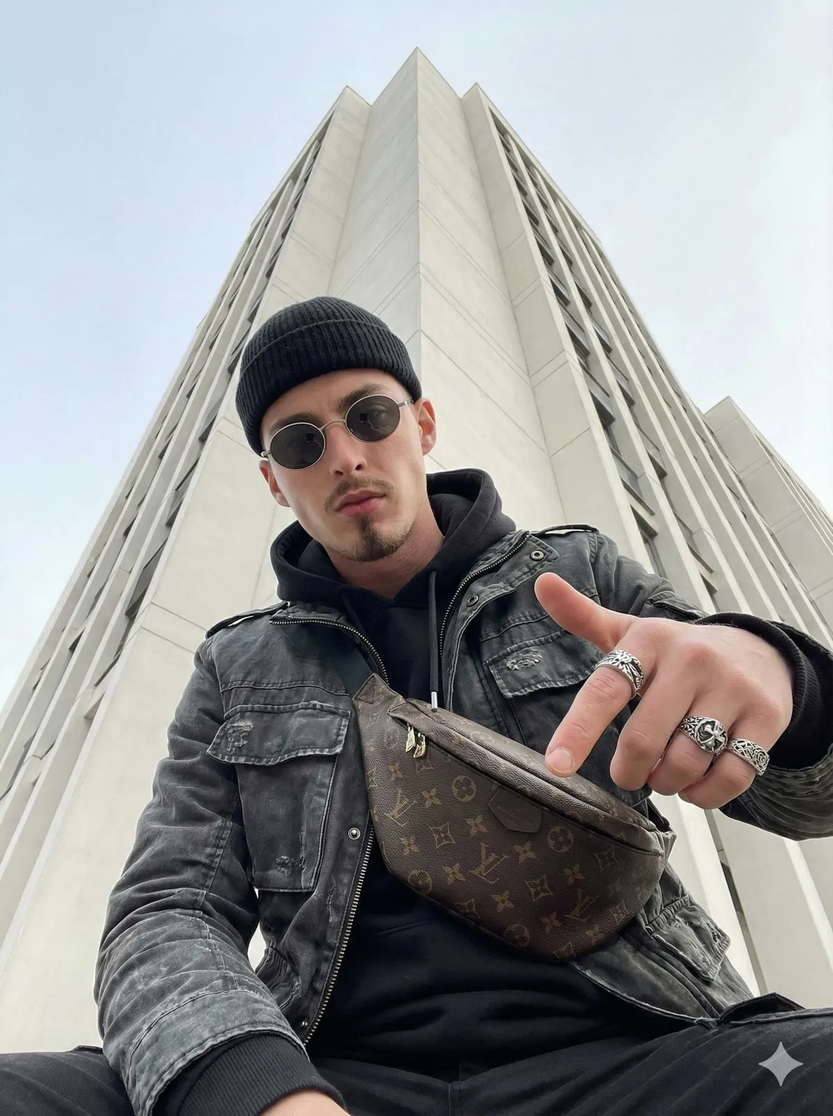 Sunglasses And Rings With A Black Ribbed Beanie