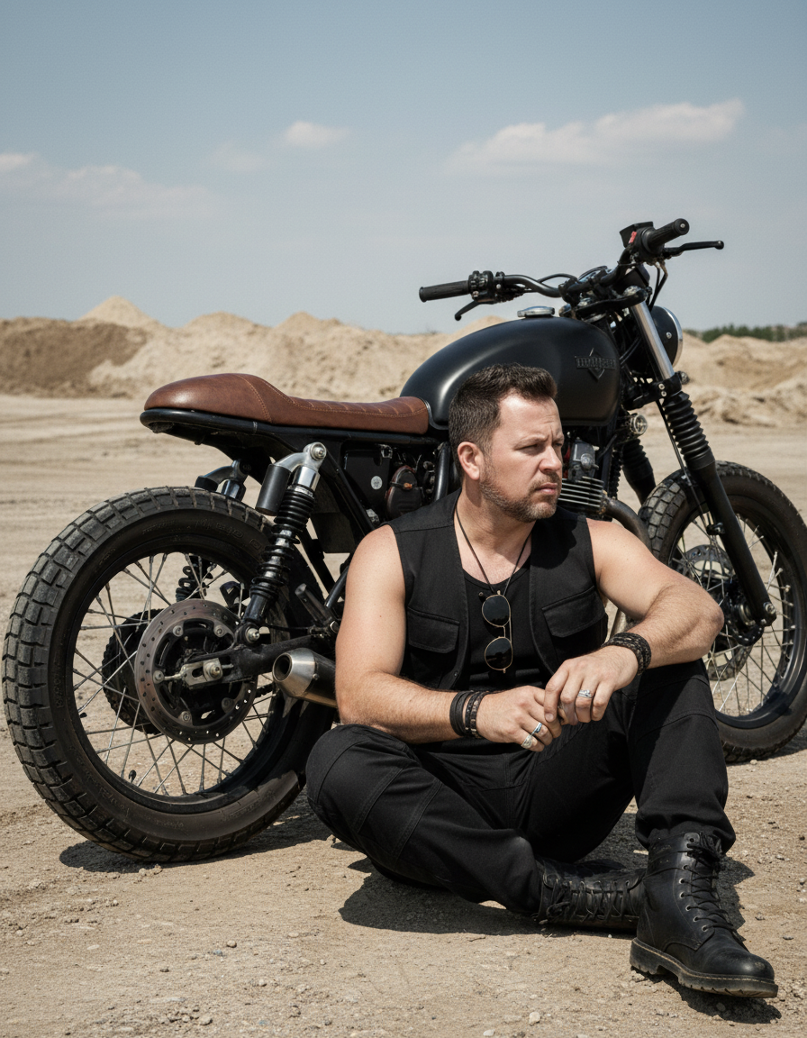 A rugged male figure sitting next to a matte black custom motorcycle in a sandy desert landscape, dressed in dark adventurous attire.
