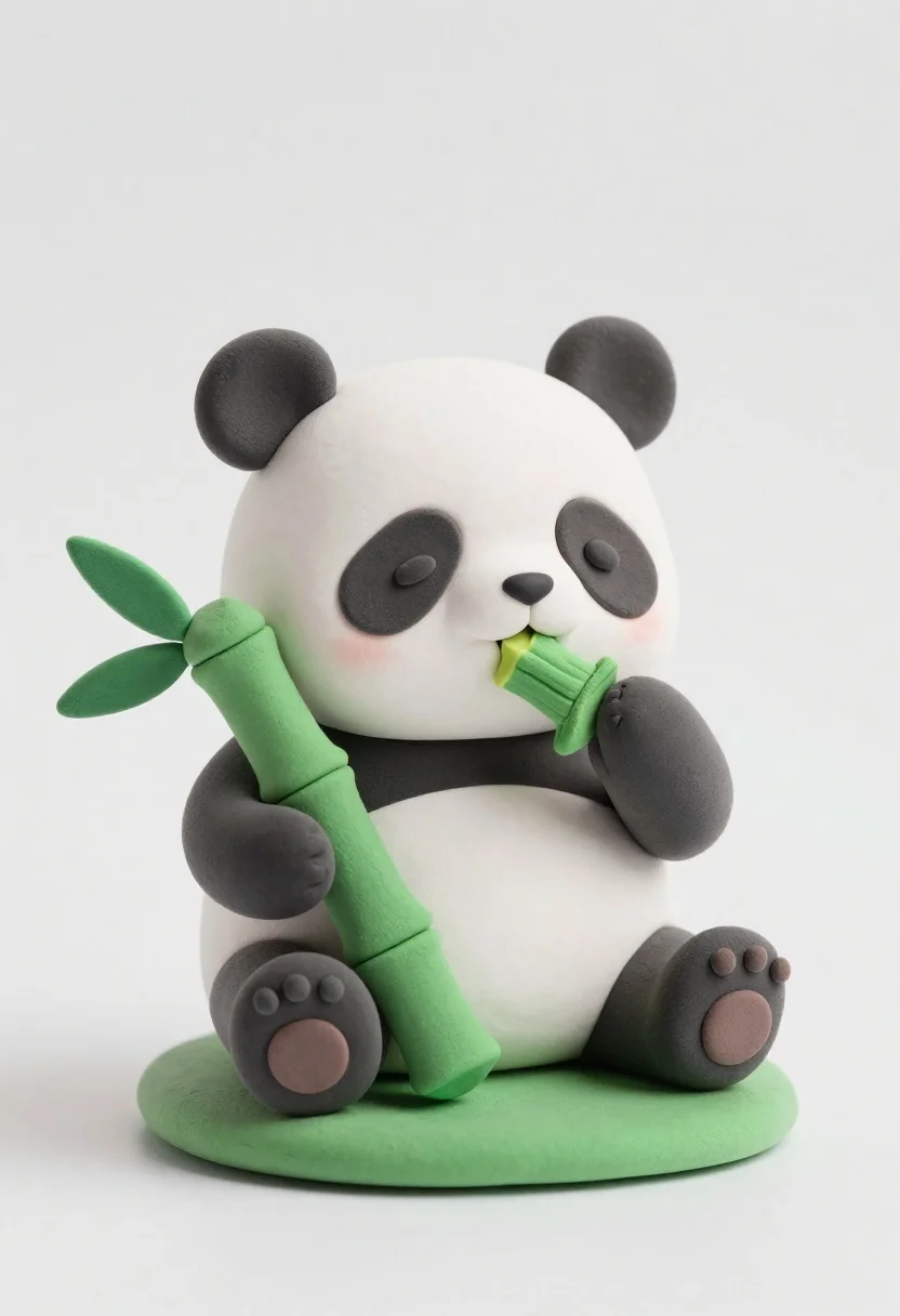 Cute Clay Panda Figurine Sitting Small Green Base While Holding