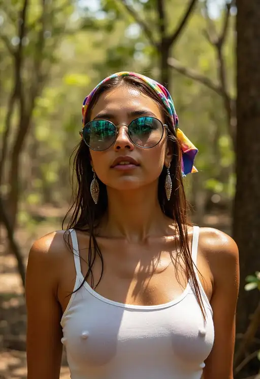 A woman in a colorful headscarf stands confidently in a sunlit forest, showcasing her reflective sunglasses and vibrant style.