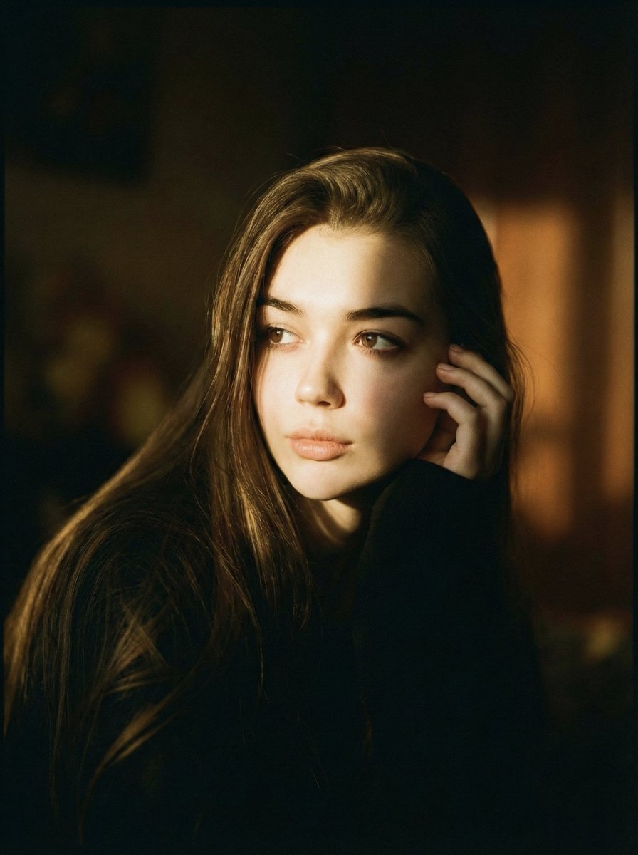 A thoughtful person illuminated by warm golden sunlight, creating deep shadows and an artistic mood.