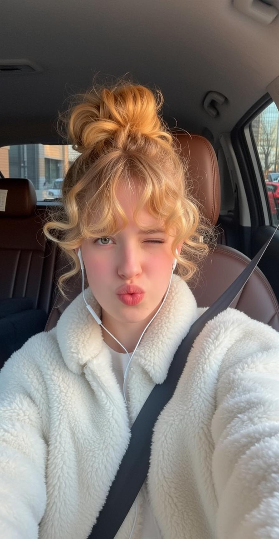 Young Woman Car Kissy Face Sherpa Jacket