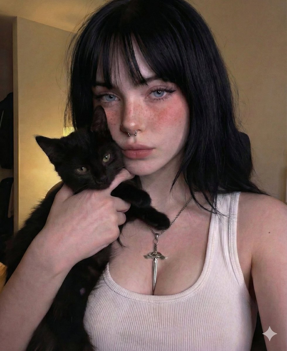 Close-up portrait of a young woman with jet black hair and striking blue eyes, holding a black kitten against her face.