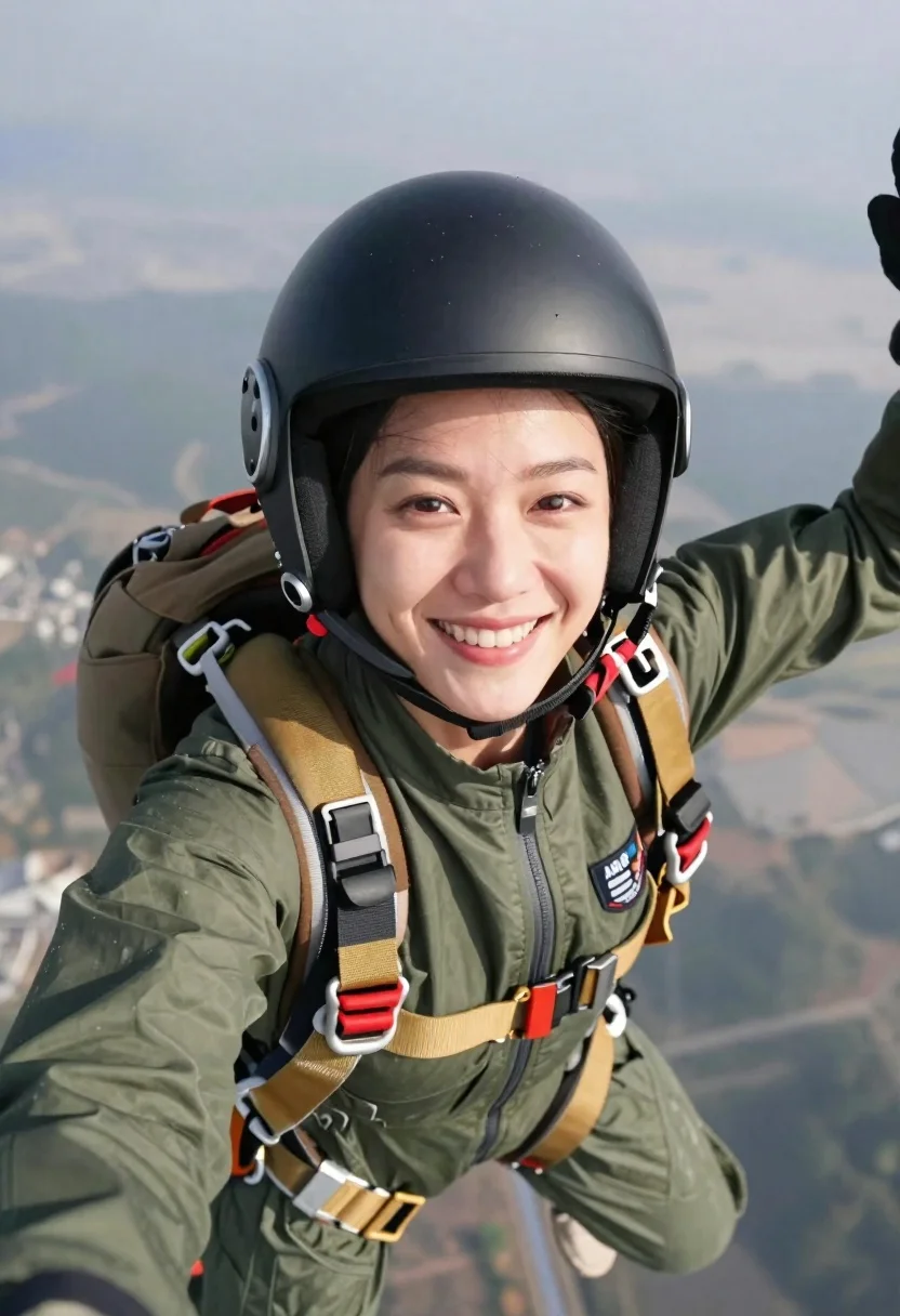 Subject Smiling Woman With Dark Hair Wearing Matte Black Skydiving reference photo