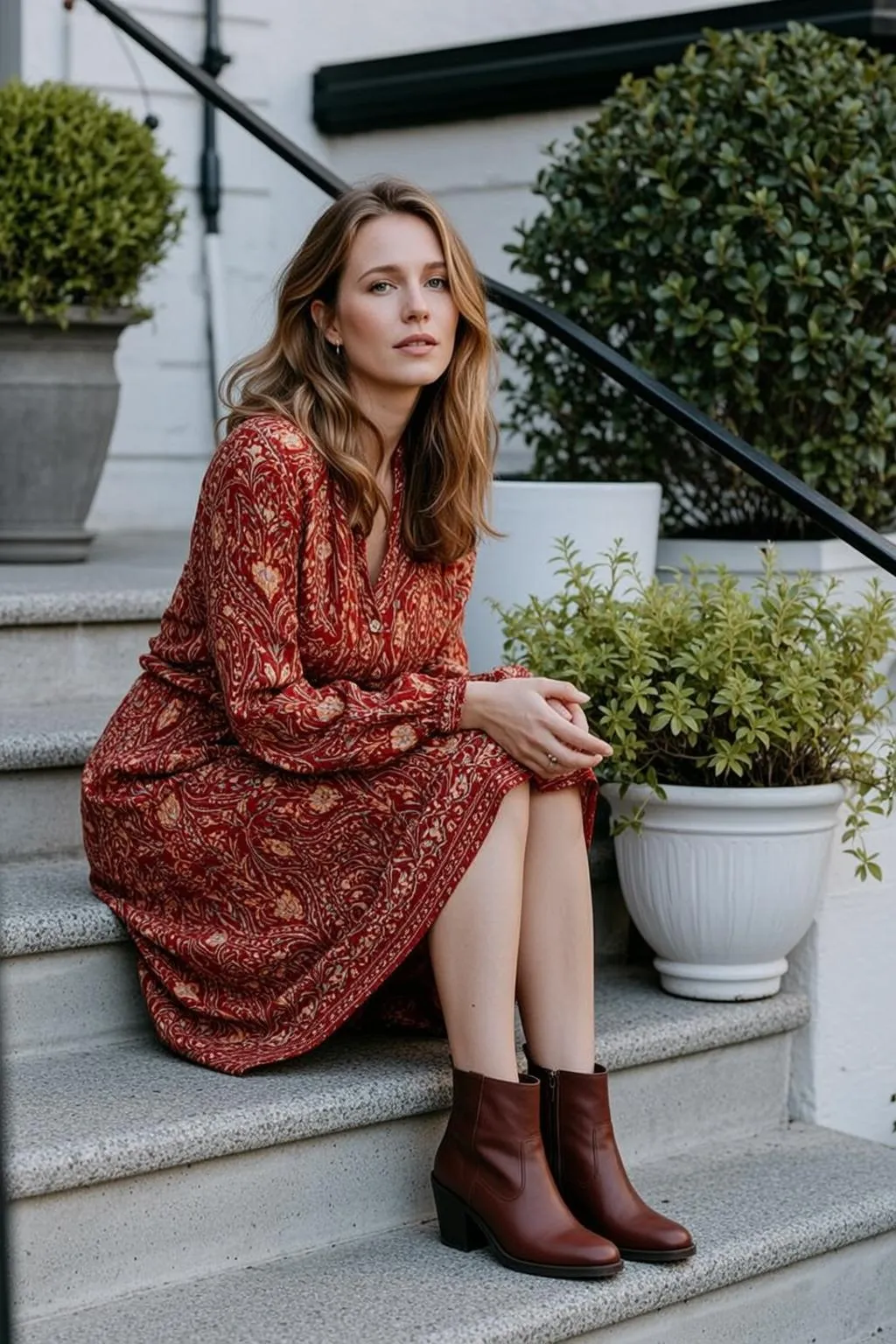 Red Dress Stair Portrait