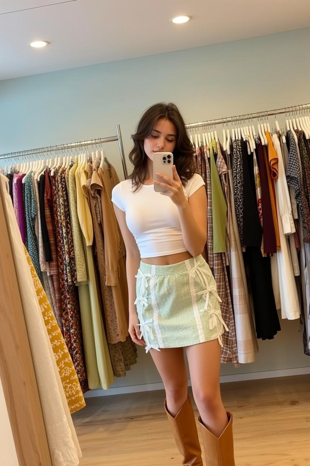 Checkered Mini Skirt Mirror Selfie