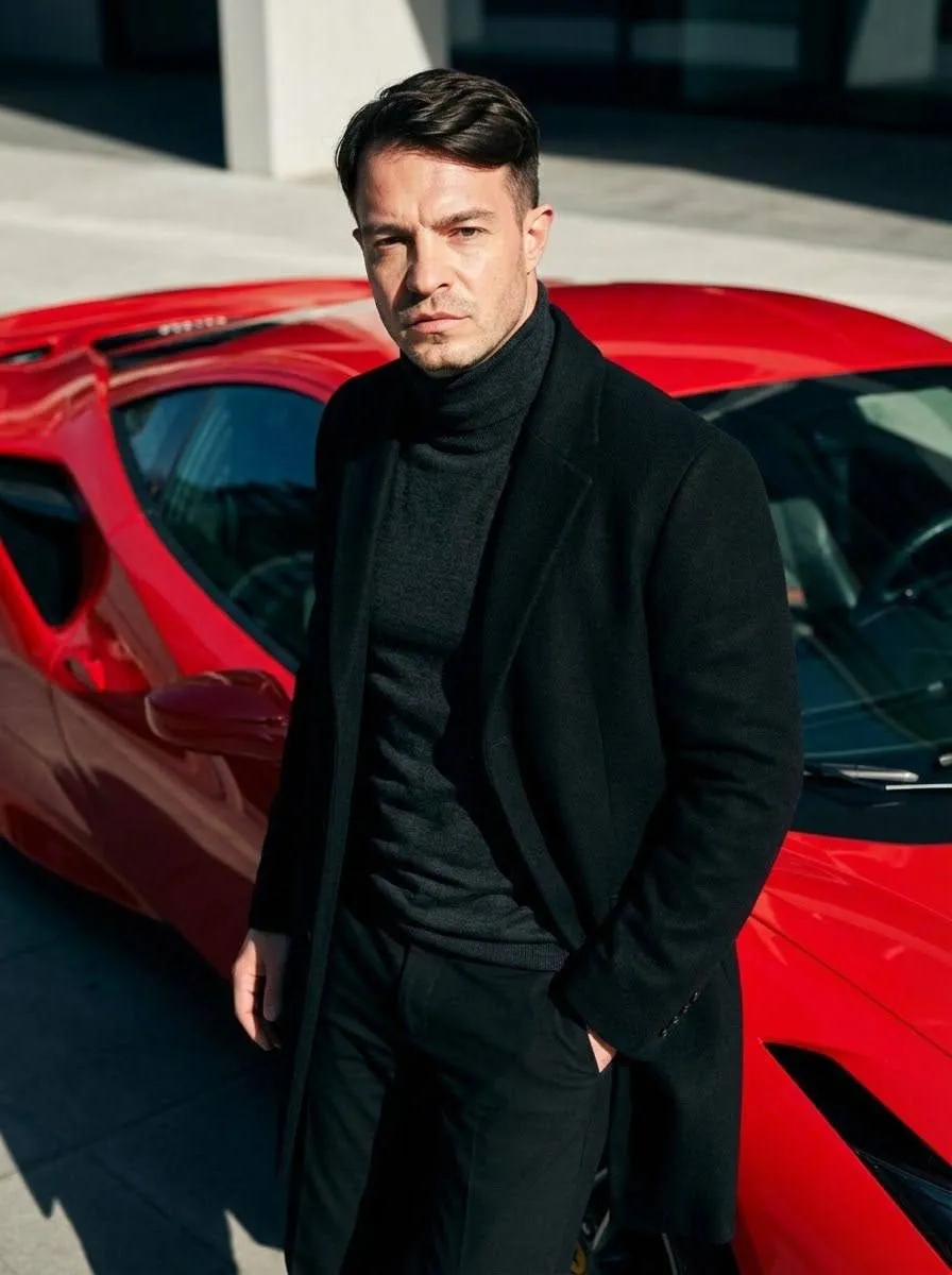 Red Car Black Suit Urban Portrait