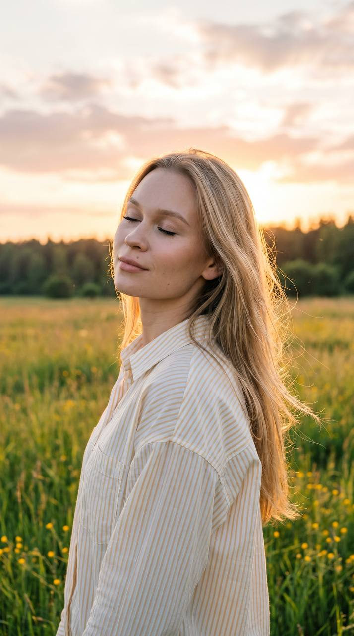 A girl standing in a golden hour field, enjoying nature with her eyes closed, hair gently illuminated by sunset light.