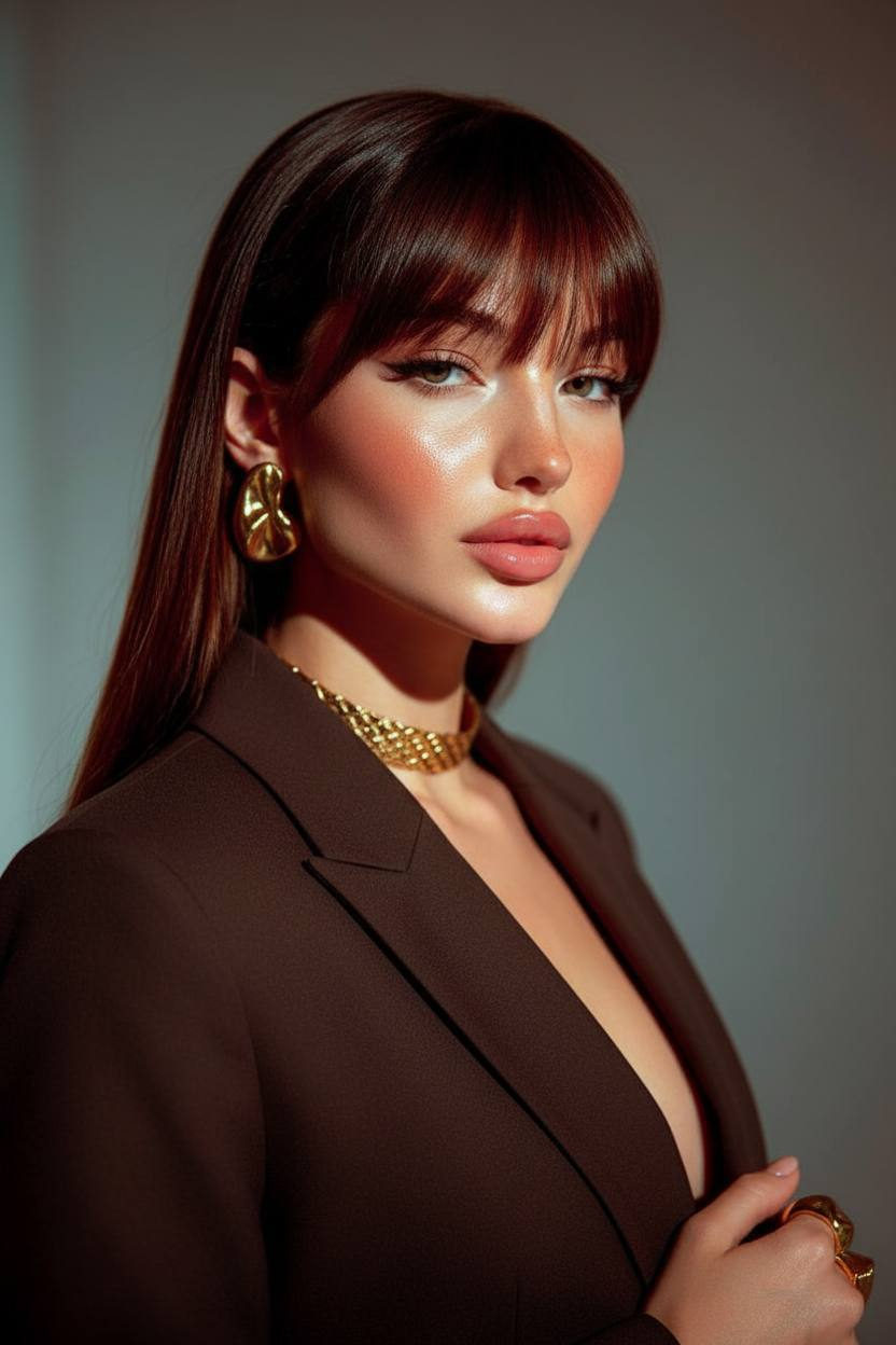 Elegant upper-body studio portrait featuring a confident individual in a dark chocolate-brown blazer with gold accessories.