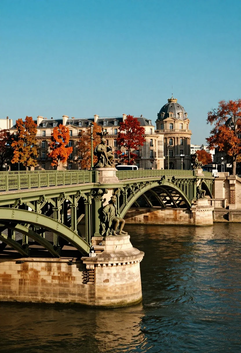 Majestic Iron Bridge Spans Wide River Under Clear Blue Sky