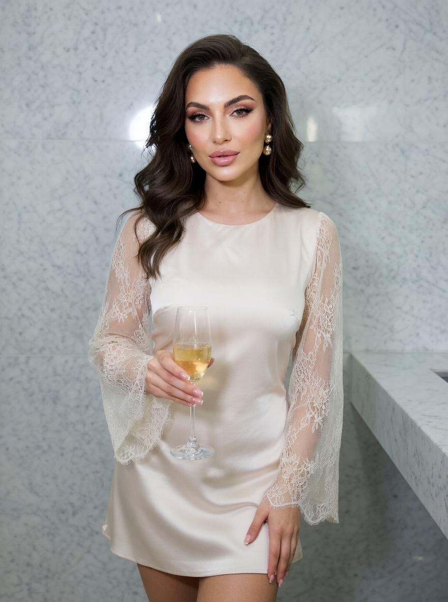 A woman in an ivory lace dress holding a champagne glass, posed elegantly against a smooth gray marble background.