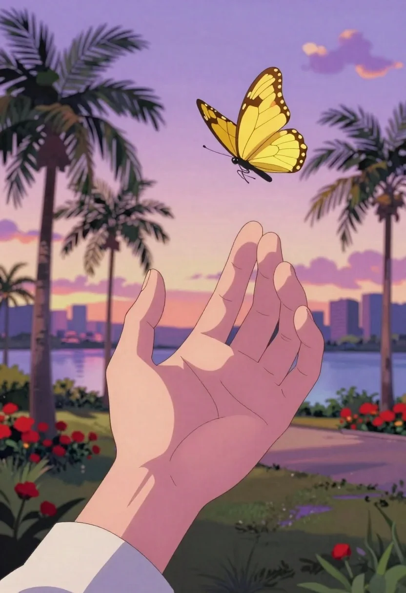 Anime Still From Sunset Scene Showing Human Hand Reaching Toward reference photo