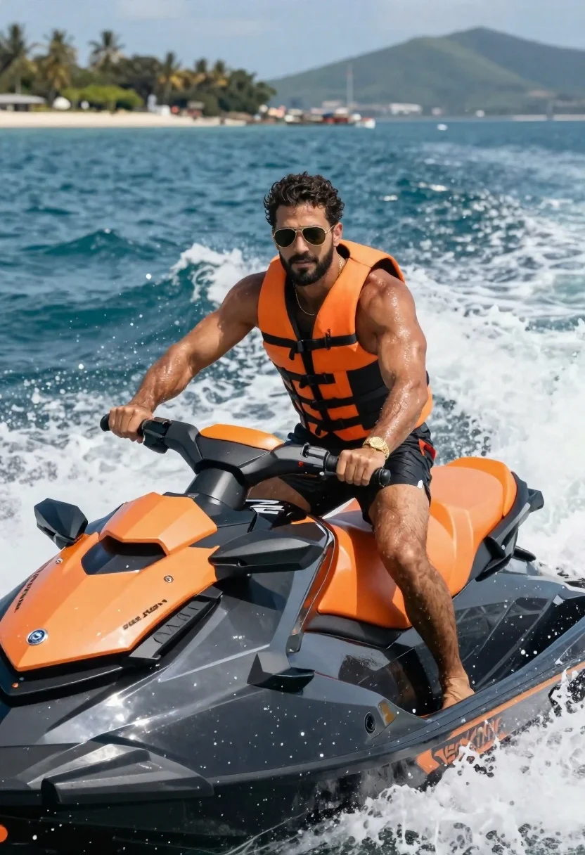 Muscular Man With Dark Curly Hair And Beard Rides Black