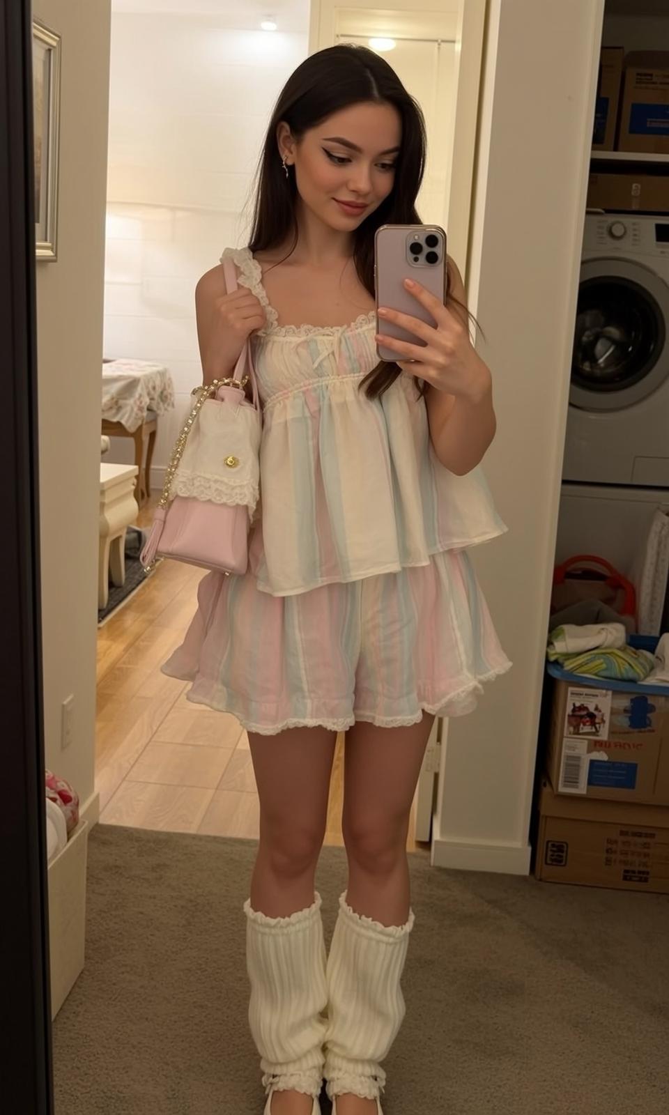 Pastel Stripe Skirt Mirror Selfie