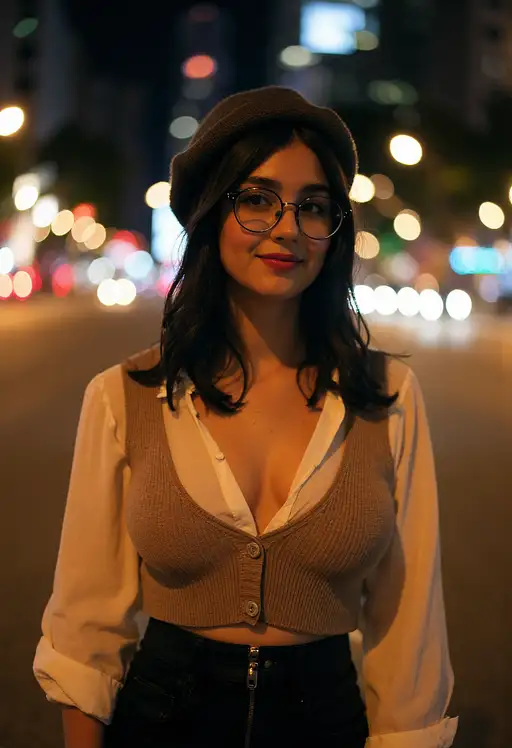 A sophisticated woman with dark brunette hair in a stylish bonnet standing confidently on a city street at night, surrounded by streetlights.