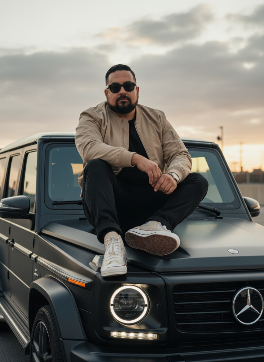 A stylish man wearing a beige bomber jacket sits on a black Mercedes-AMG G63, looking at the camera with confidence against a gray cloudy sky.