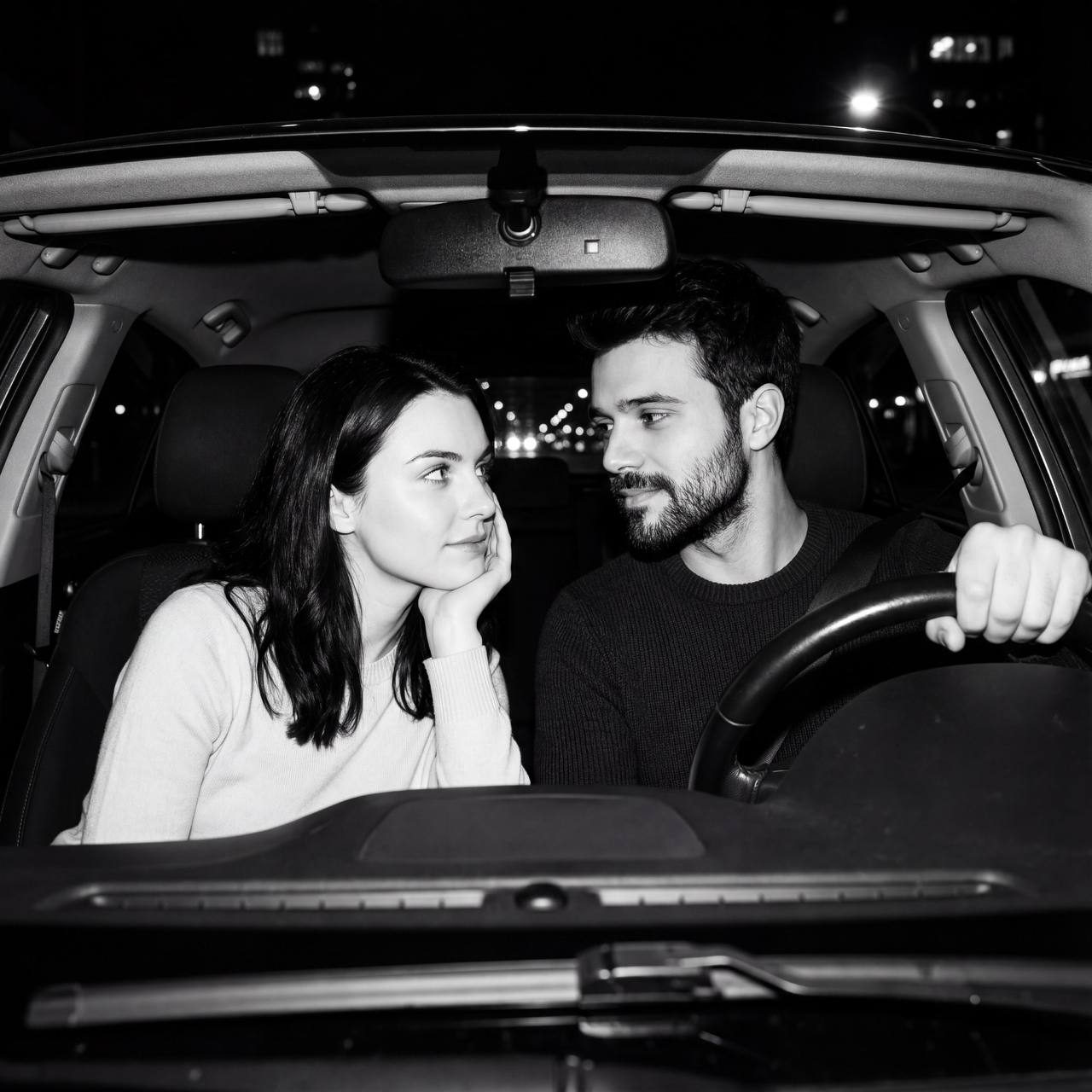 A couple sitting in a car, gazing lovingly at each other at night, illuminated by flash.