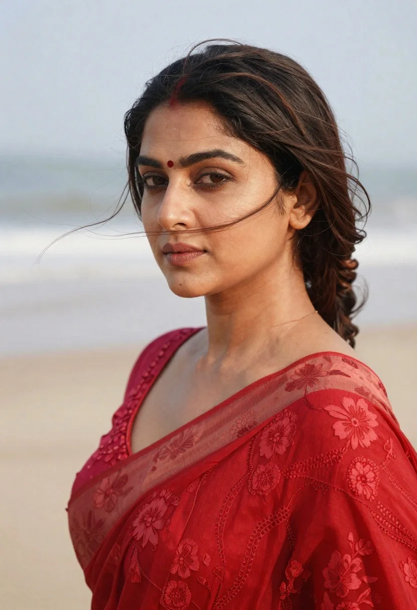 Woman With Dark Hair And Bindi Gazes Thoughtfully The Side reference photo