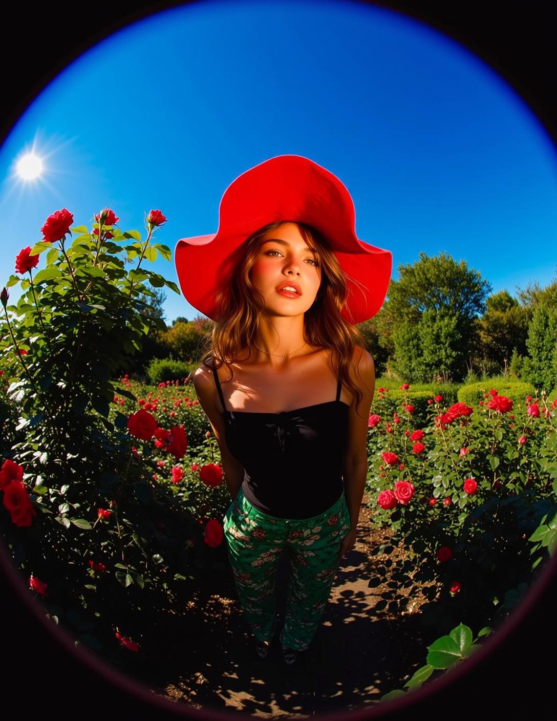 Red Hat Rose Garden Fisheye Vibrant Young Woman
