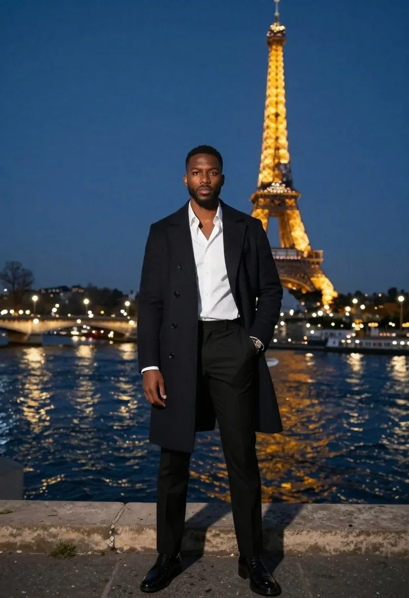 Full-body Portrait Stylish Black Man Standing Confidently With One Hand