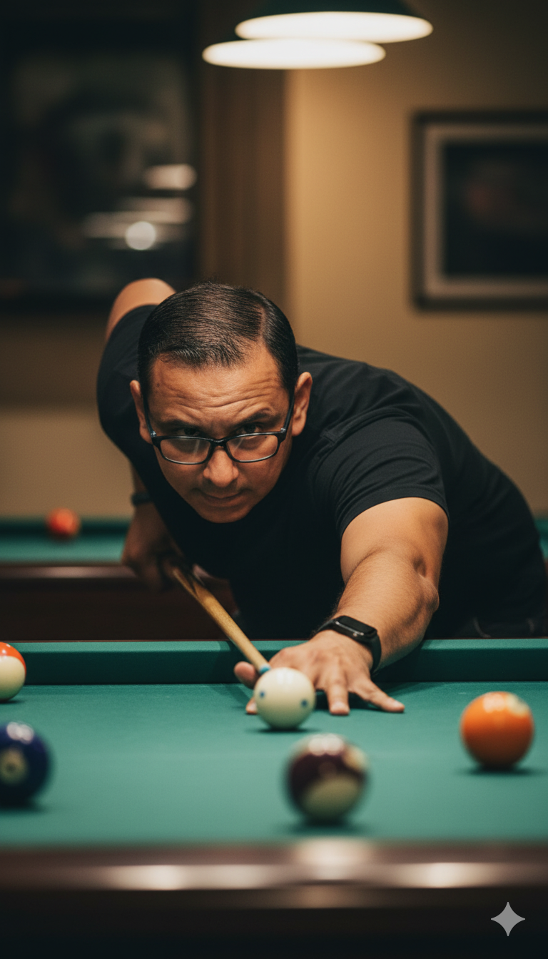 A hyperrealistic close-up of a man playing billiards, poised to strike the white ball.