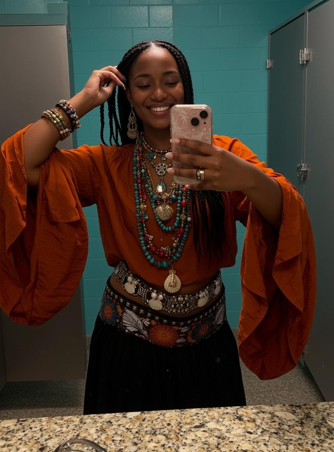 Bathroom Stall Selfie Orange Blouse Shell Belt