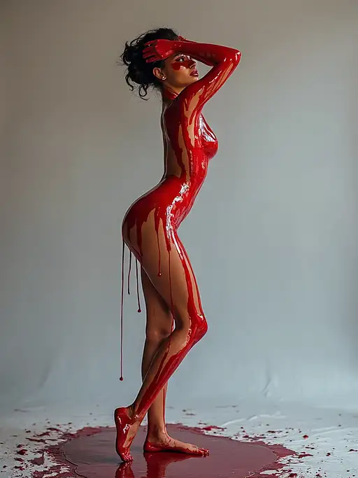 High-contrast studio portrait of a woman in glossy red body paint standing in an elegant side profile with diffused light.