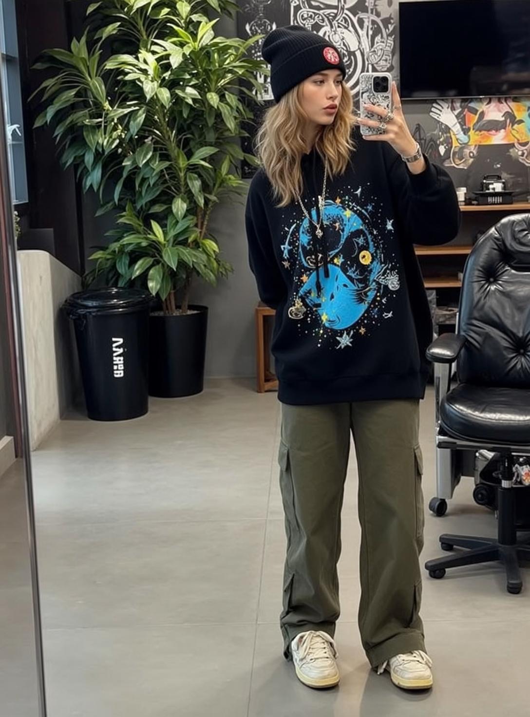 Blonde Wavy Hair Black Hoodie Cargo Pants Silver Rings