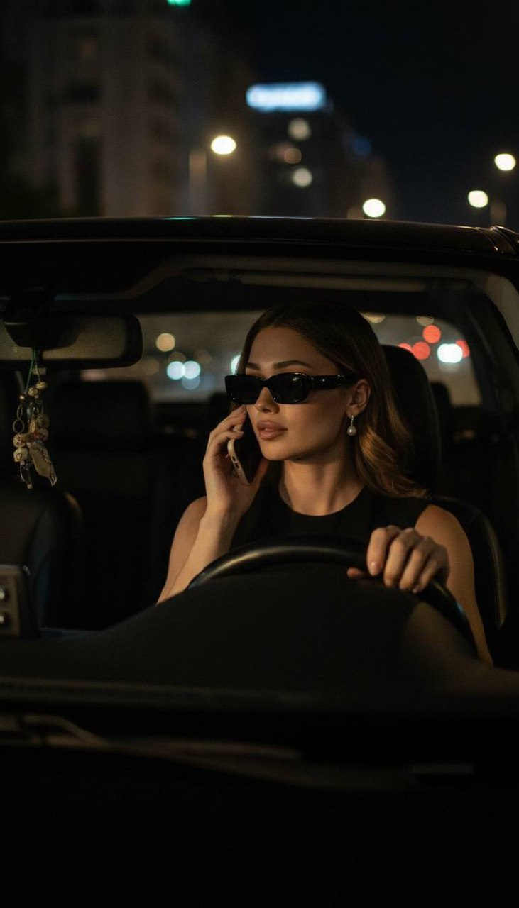 Cinematic shot of a person driving at night, highlighted by warm ambient light and low-key shadows.