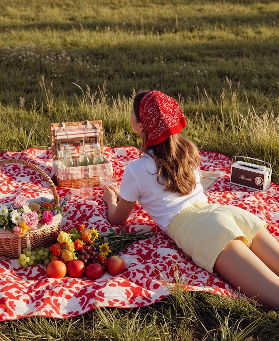 Cottagecore Lying Her Stomach Red White Patterned