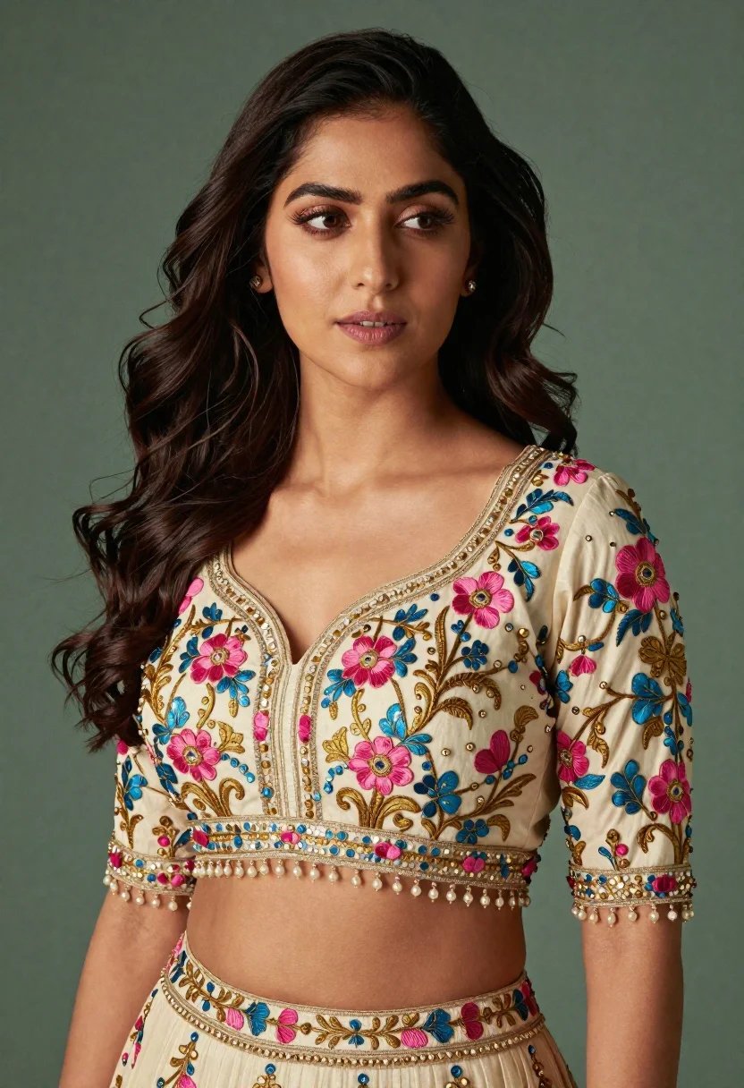 Woman With Long Dark Wavy Hair And Soft Gaze Looks reference photo