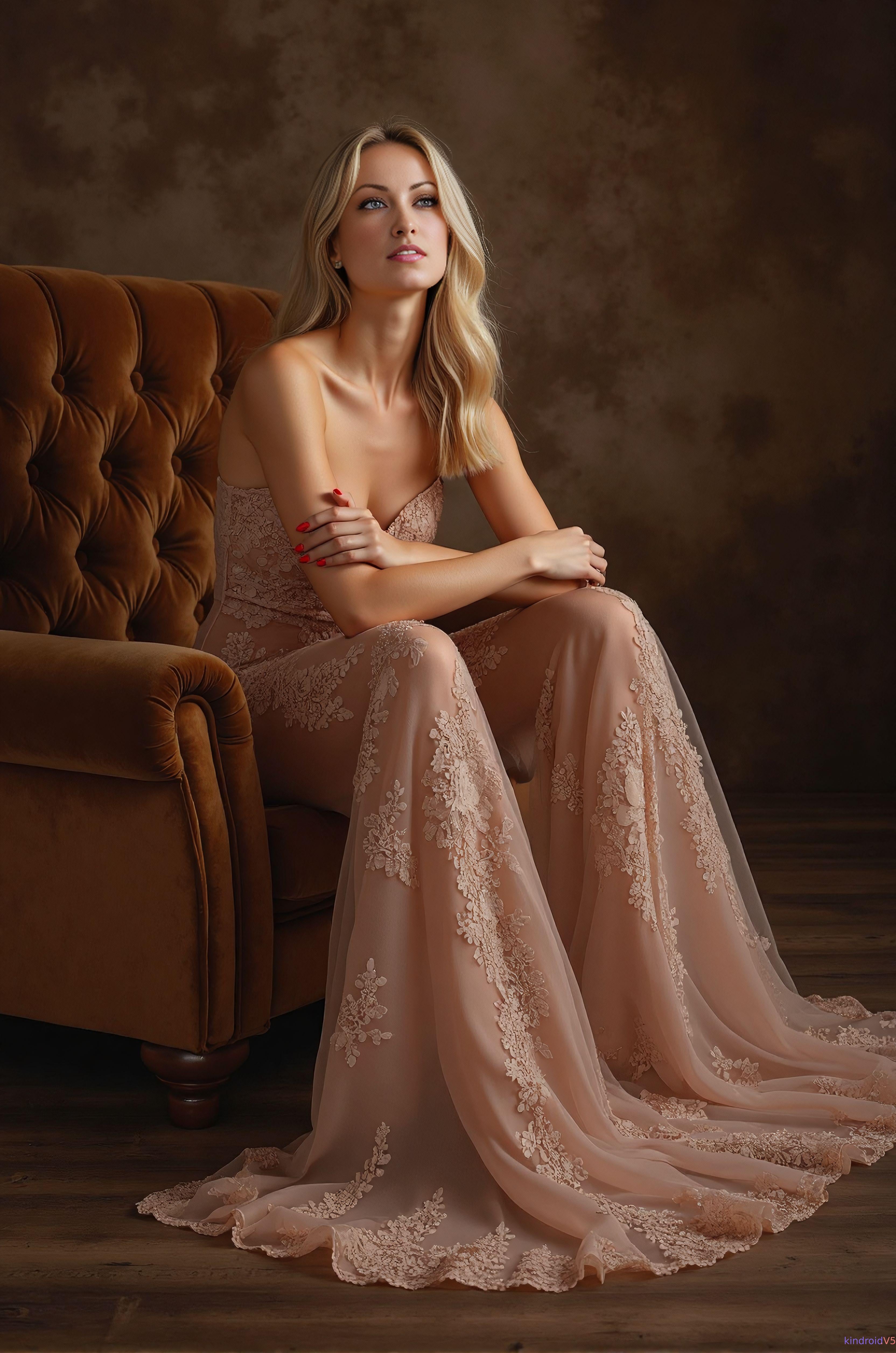Elegant Woman In Velvet Armchair Pale Peach Gown