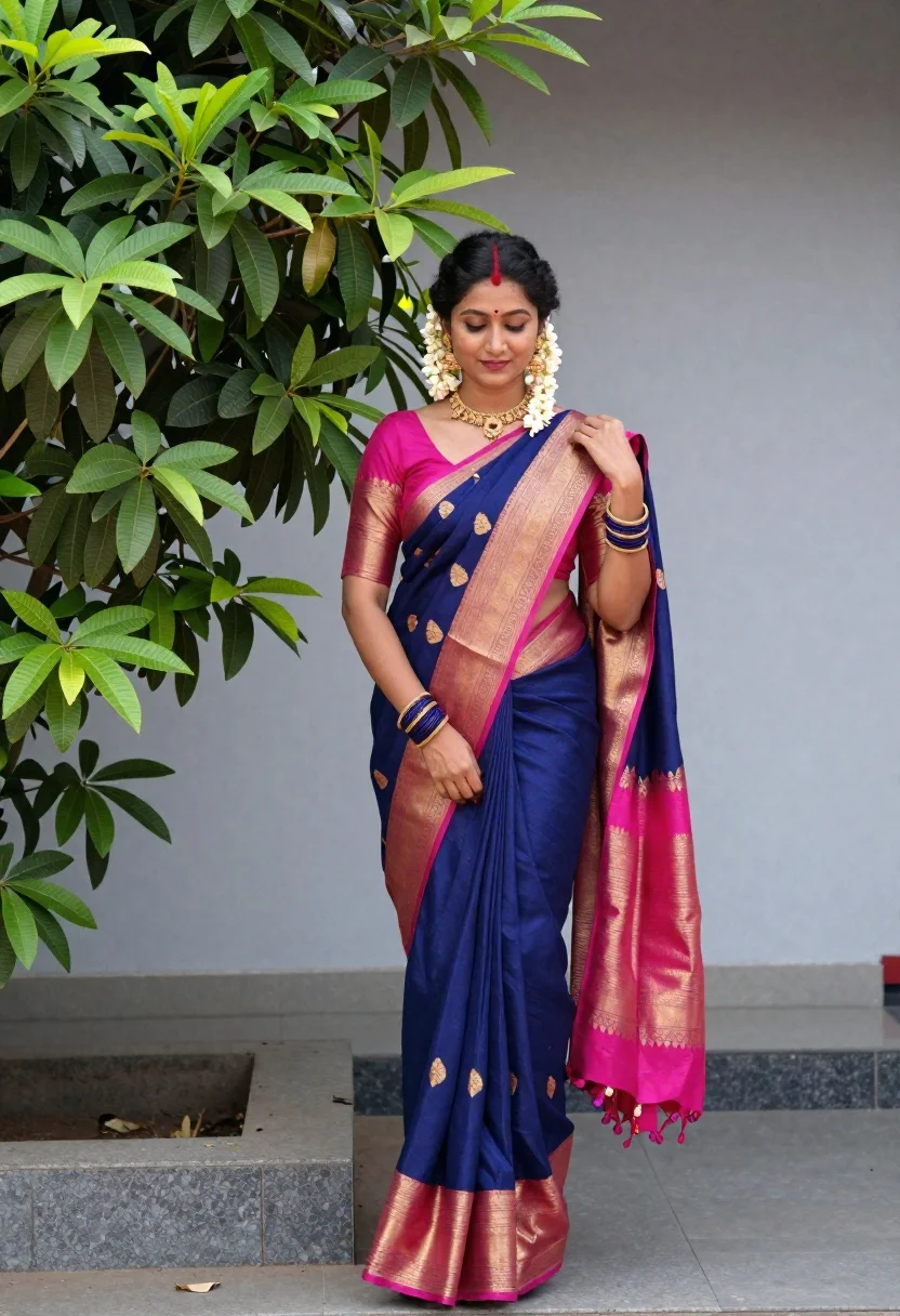 Woman Stands Outdoors Wearing Traditional Indian Saree With Dark Blue reference photo