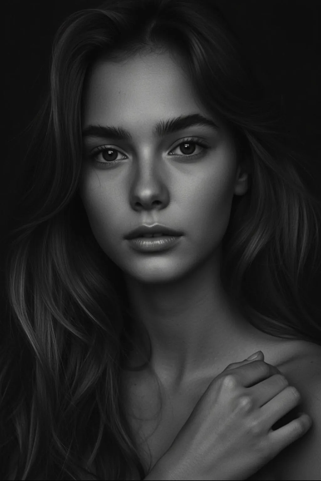 Close-up Head-and-shoulders Portrait Young Woman With Direct Gaze Her Head