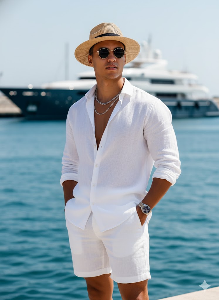 Modelo atlético em um píer de marina, vestindo camisa de linho branco e shorts brancos sob luz natural, com chapéu panamá e óculos de sol.