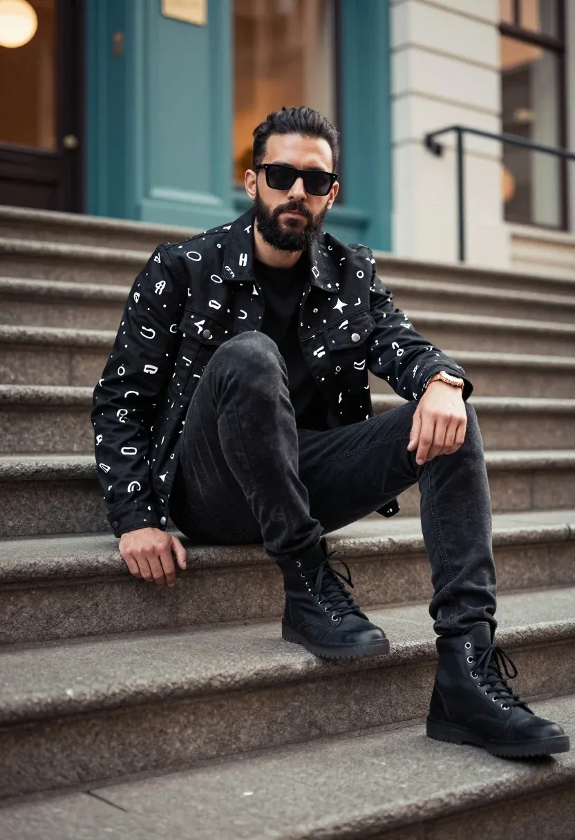 Man Sits Confidently Wide Stone Staircase Urban Setting Subject Man
