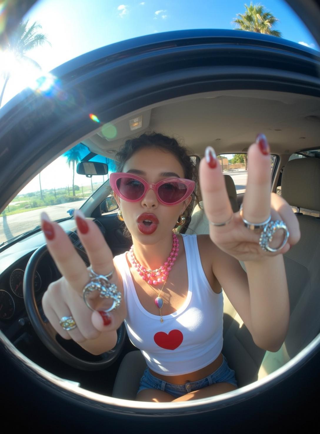 Pink Sunglasses Layered Necklaces Denim Shorts