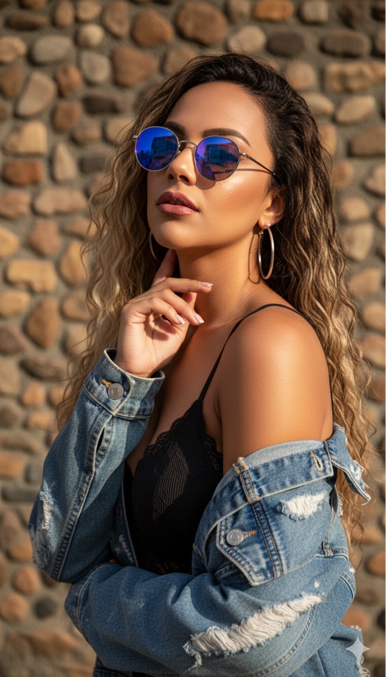 Portrait of a confident woman in a denim jacket, posing against a rustic stone wall, with stunning makeup and stylish accessories.