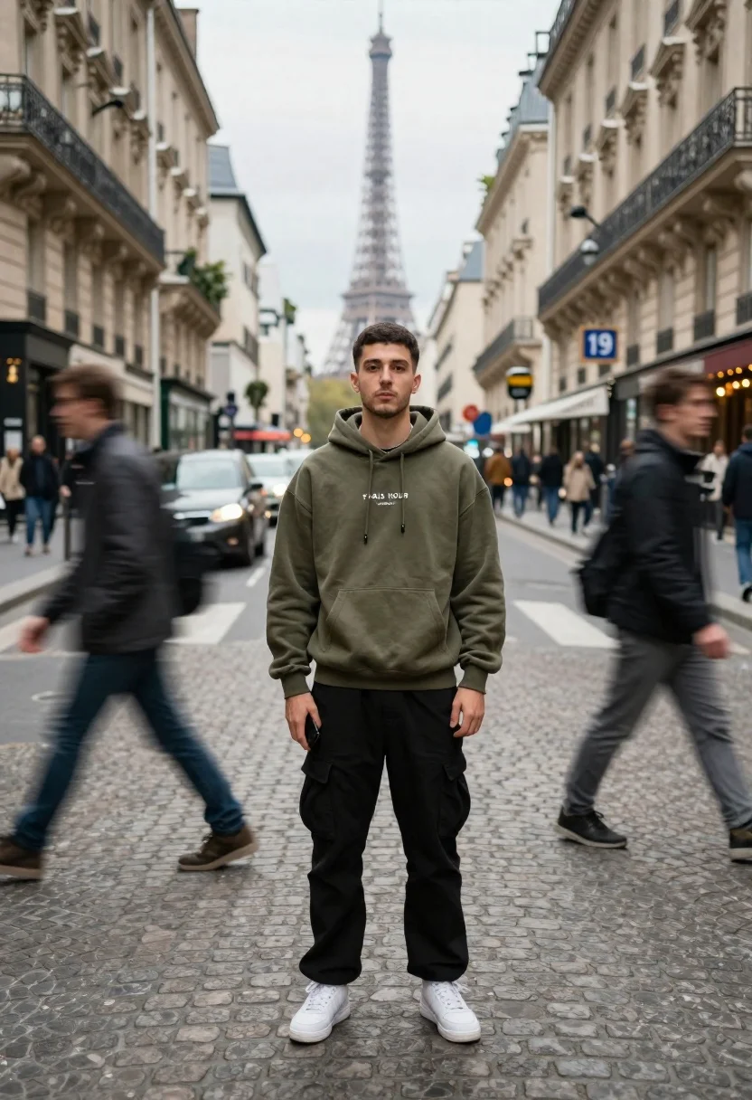 Young Man Stands Sharply Focus The Center Busy Parisian Street