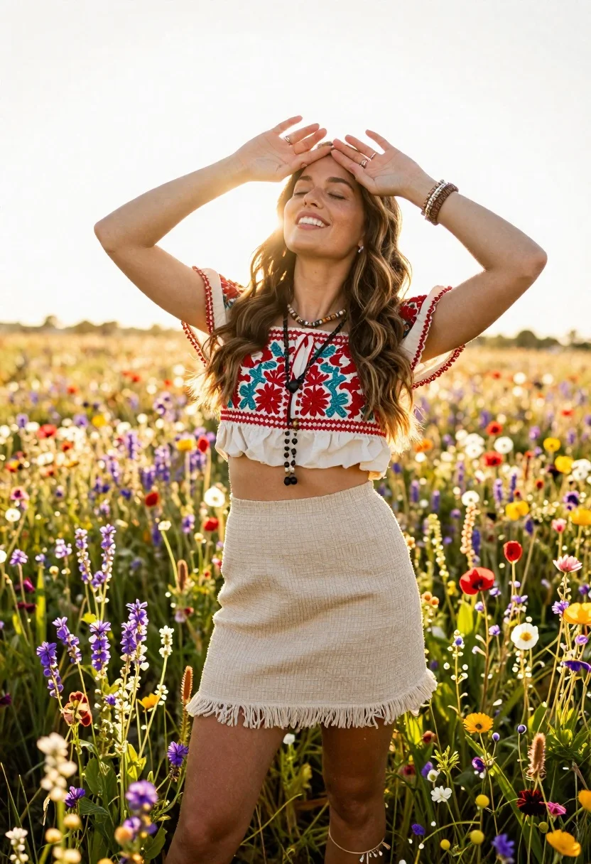Joyful Woman Stands Vibrant Field Wildflowers With Her Hands Raised