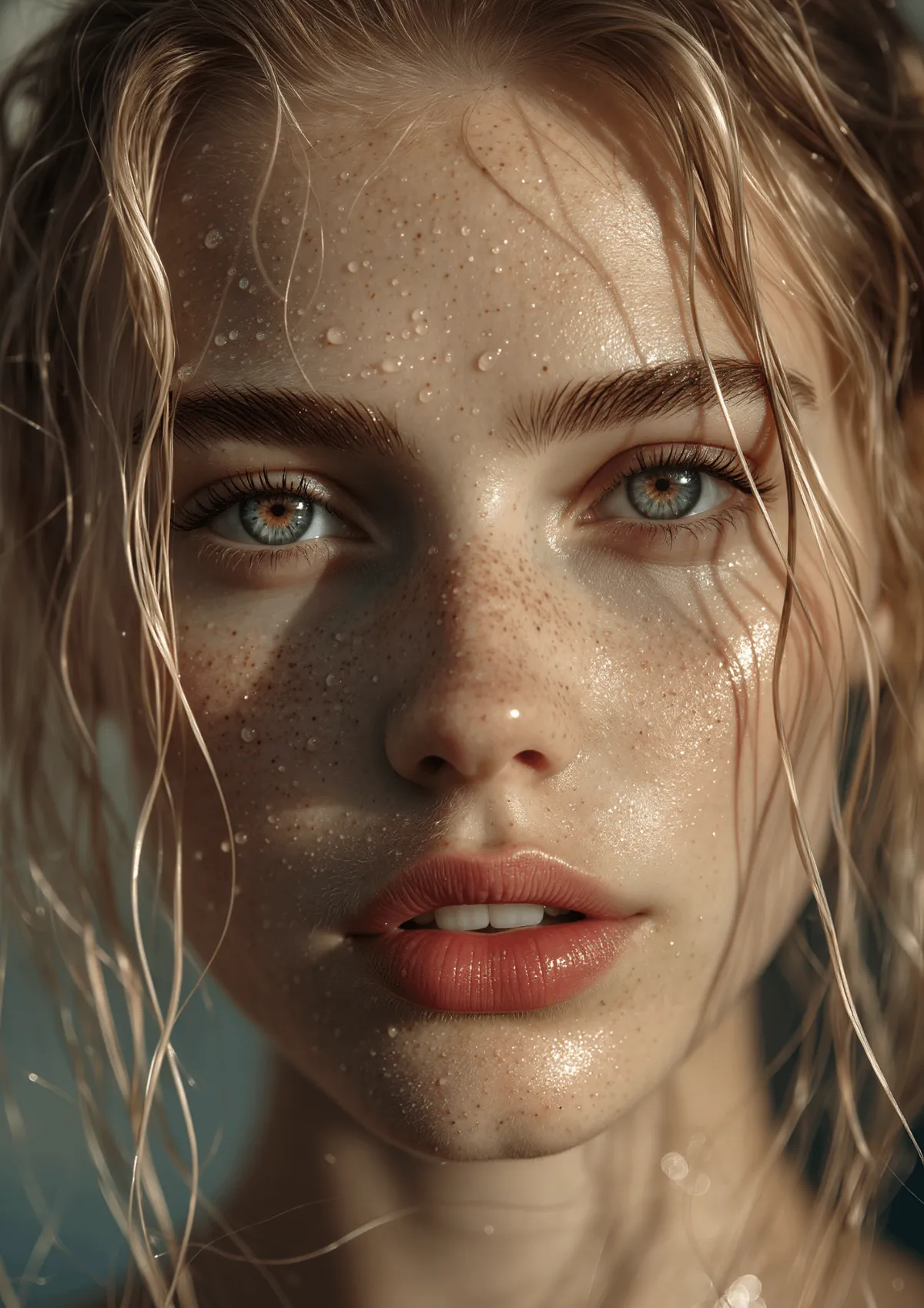 Face With Wet Slicked Back Hair And Freckles